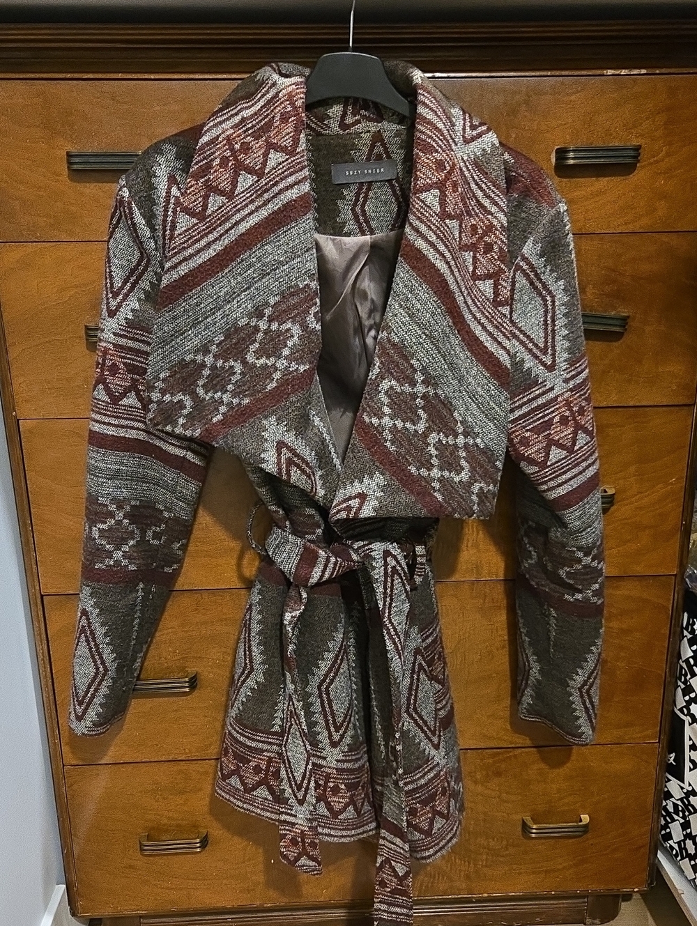 Suzy Shier Rust and Gray Aztec Belted Shawl Collar Coat